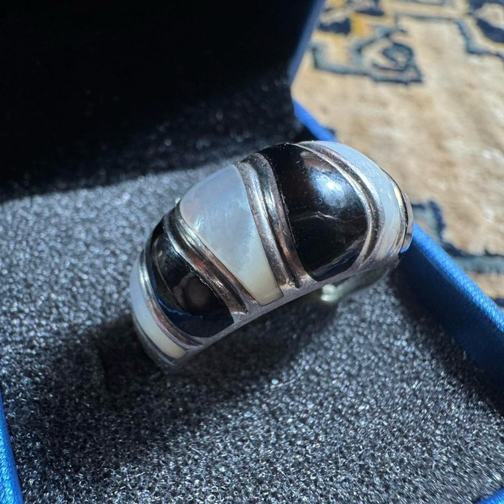 925 Sterling Silver Ring Moonstone & Black Onyx Chunky Rocker Brutalist Size 9